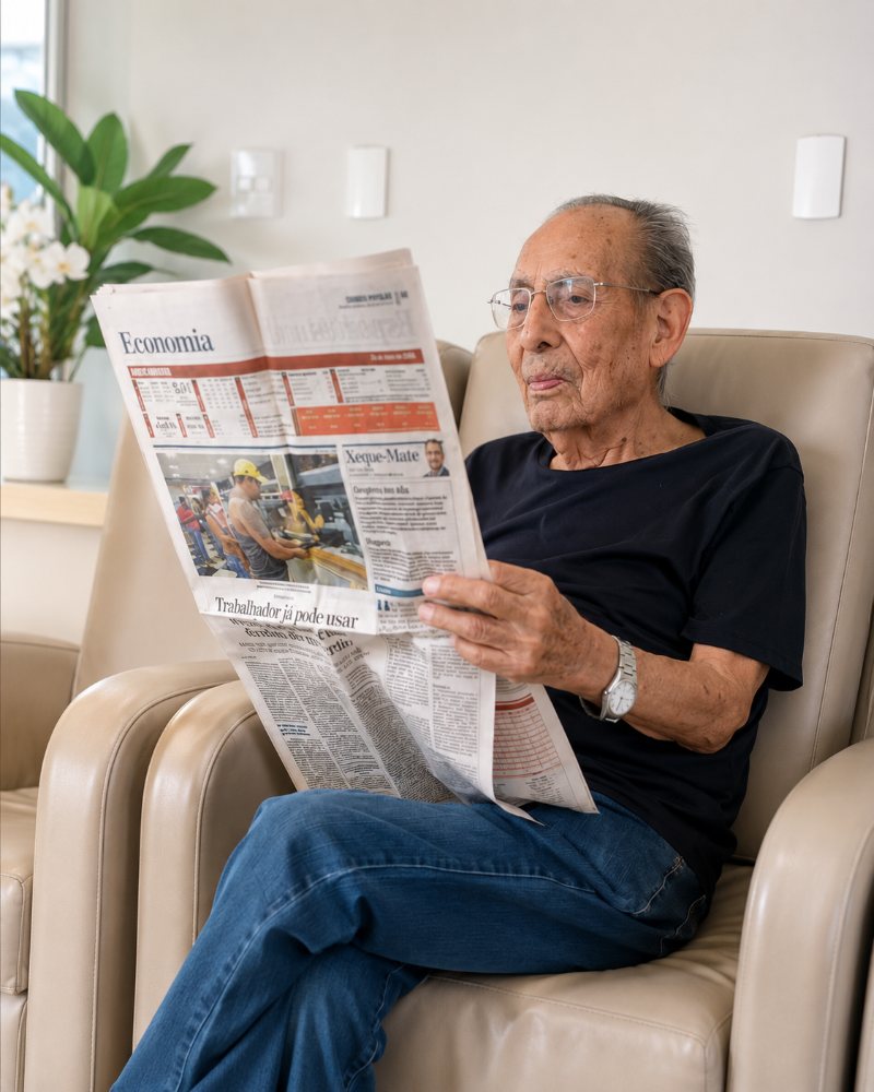 Idoso lendo o jornal com autonomia em casa