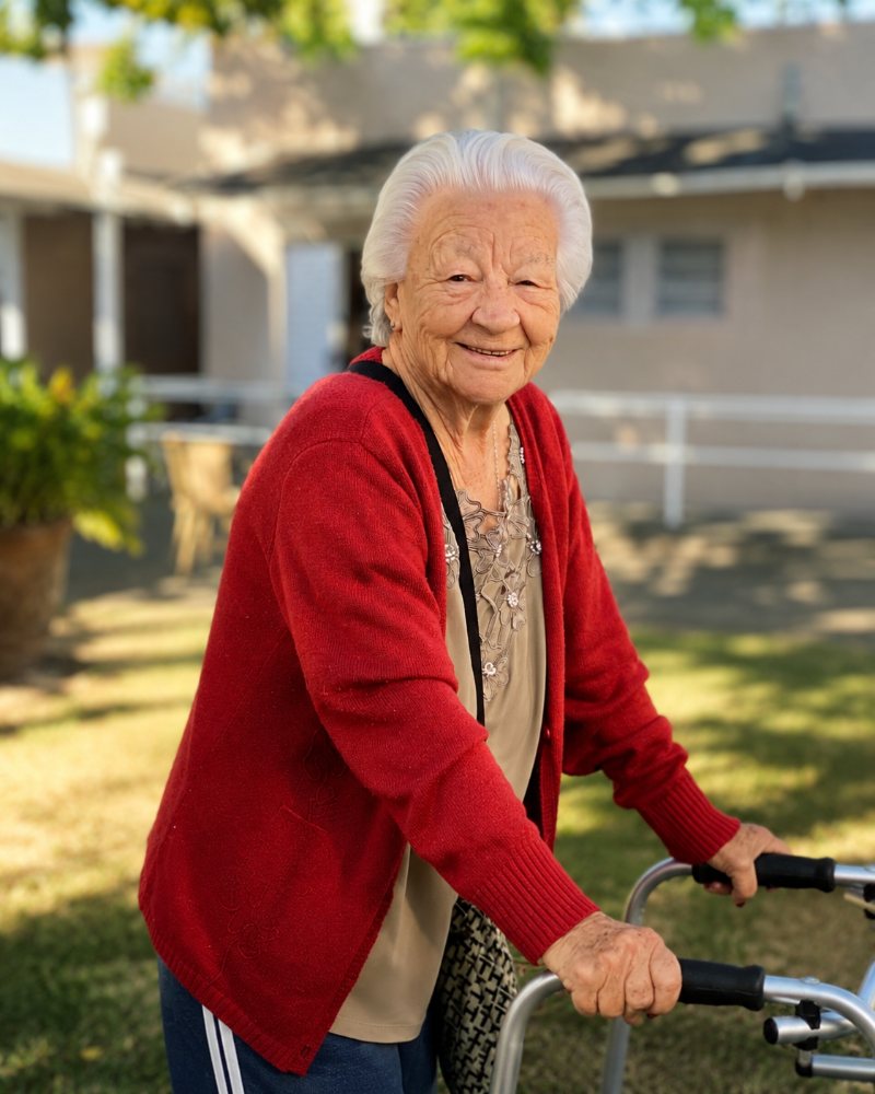 Senhora sorrindo com apoio à mobilidade
